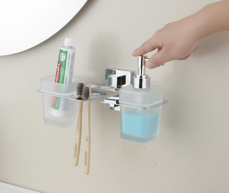 Image of Stainless Steel Toothbrush Holder with Glass Tumbler & Liquid Soap Dispenser Set - Wall Mounted 2-in-1 Bathroom Organizer, Chrome Finish (Square /Frosted Glass)