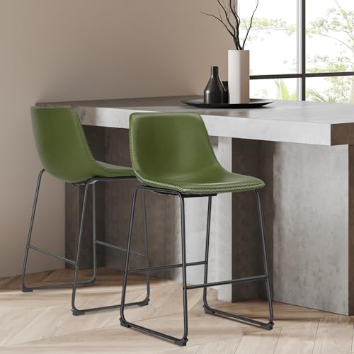 Image of DUMOS Bar Stools Set of 2, Faux Leather Counter Height Bar Chairs for Pub | 26 Inch Barstools with Back, Metal Legs, Footrest, Armless, Modern, Kitchen Island, Living Room, Cafe, Green
