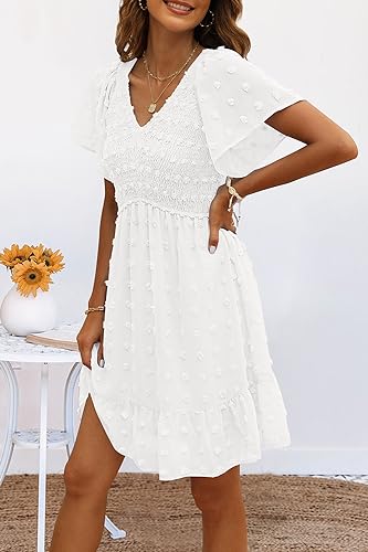 TECREW Womens Smocked Short Sleeve V Neck Mini Dress Summer Swiss Dot Flowy Short Dress4