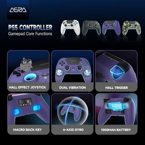 Image of ASRVA Purple Wireless Pro Controller for PS5, Hall Effect Joystick No Drift, 4 Back Paddles, Macro, Gyro, 1000mAh, RGB, Compatible with PS5 /Pro /Slim /PC /iOS /Android