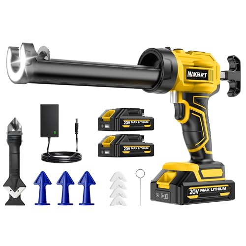 MAKELIFT Electric Caulking Gun 10oz Caulk Gun with 2x2000mAh Batteries Cordless Caulking Gun 4 Adjustable Speeds LED Light Auto Retraction 9 Pcs Silicone Caulking Tools for Filling and Sealing