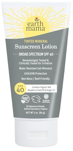 Earth Mama Tinted Mineral Sunscreen Lotion SPF 40, Contains Organic Argan and Red Raspberry Seed Oil, 3-Ounces