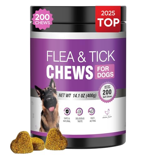 Dog Flea and Tick Treatment Chewable 200 Treatment Chews Natural Soft Chew Support Supplement Pest Defense Breeds and Ages Dogs Chicken Flavor