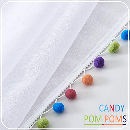 Image of Treatmentex Sheer White Curtains with Multi-Color Pom-Pom Sheer Curtains for Toddler 84 inch Long Linen Textured Decorative Nursery Room Window Drapes 52 inch w 1Pair