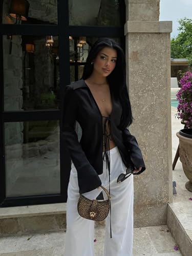 Cicy Bell Womens Sexy Tie Front Satin Shirts Deep V Neck Silk Club Tops Long Sleeve Y2k Going Out Blouse3