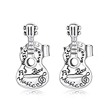 Vintage Music Guitar Earrings for Women Girls 925 Sterling Silver Hypoallergenic Small Cute Hollow Engraved Stud Cartilage Tragus Post Punk Rock and Roll Jewelry Gifts Birthday Christmas Holiday