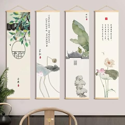 JOMBOTIK 4 Pack Asian Wall Art Decor, Zen Lotus Bamboo Bird Landscape Painting, Posters and Prints for Bedroom Living Room Decoration (B) Cover