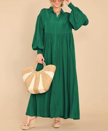 Image of chouyatou Women's Casual Long Sleeve Button Down Shirt Dress Elegant Pleated Flowy Swing Maxi Dress