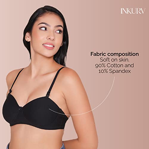 Image of INKURV Cotton Rich Padded T-Shirt Bra for Women, Seamless, Non-Wired with Detachable Straps, Sweet Heart Neckline, Everyday Bra 3 /4th Coverage with no spillage- ROMI Combo of 2