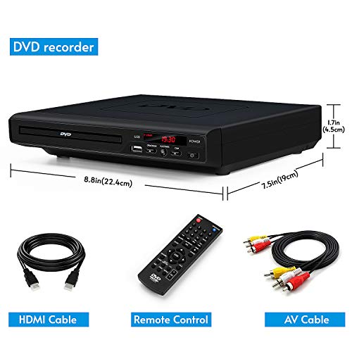 DVD Players for TV with HDMI Output, Full HD 1080p Upscaling DVD Player for Home, Plays All Formats & Regions, USB Port, Multi-Formats DVDs/CDs Supported, Remote Control and AV/HDMI Cable Included