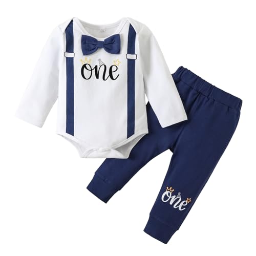 IDOPIP Baby Boy First 1/2 Birthday Outfit for Cake Smash Photo Shoot Crown One Romper with Bowtie + Long Pants 2PCS Long Sleeve Fall Casual Formal Wedding Party Clothes Set Navy Blue 2PCS 12-18 Months