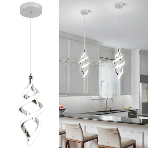Modern Led Pendant Light Fixture, 15W Chrome Spiral Led Chandelier Hanging Lamp, 4500K Daylight...