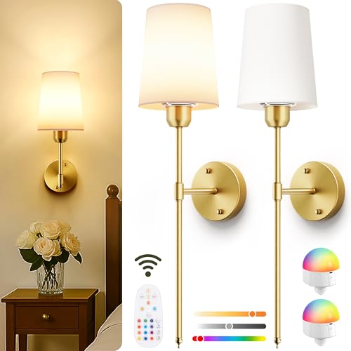 Battery Operated Wall Sconces Set of 2, Bronze Cordless Wall Lights with Rechargeable Magnetic Bulbs and Remote, Dimmable & 15 RGB Colors Wall Lamps for Bedroom Living Room Hallway 23Inch