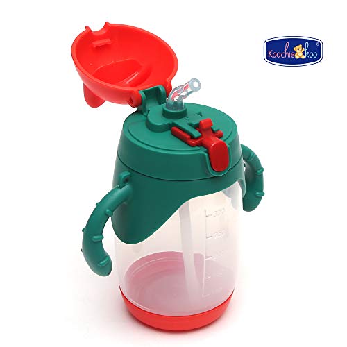 Image of Koochie-Koo Plastic One Touch Open Cute Cartoon Printed Twin Handle Sipper Bottle with Silicon Straw Drinking Sippy Cup for Kids, Water Bottle for Baby Boy and Girl 300ml, Green, 3+ Years (Pack of 1)
