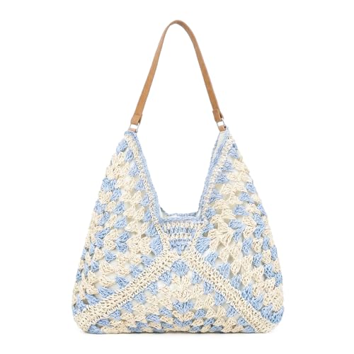 Image of Skyearman Ladies Straw Shoulder Bag For Women Summer Beach Bag Large Fashion Shoulder Bag Straw Bag Hand-woven Handbags for Work Beach Trip Vacation (Light blue)