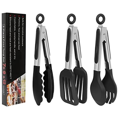 ZEFAN 3PCS Kitchen Food Tongs Set,Silicone Tip Food Tongs,Serving Tongs for Toaster Steak Pie Pizza Pasta Spaghetti Noodles Salad Fruit Vegetable Grill BBQ Buffet Clamp Serving Tools Gadgets Cover