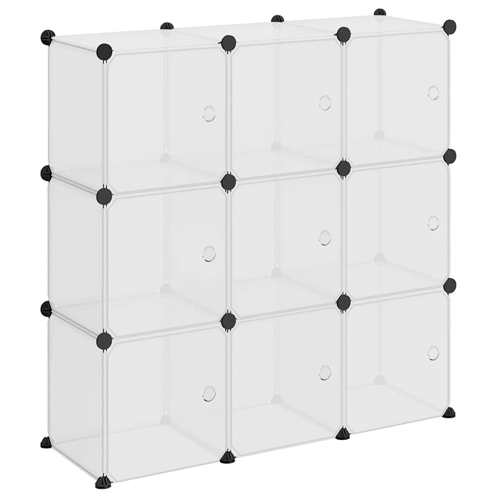 Organizador de cubos de almacenamiento con 9 cubos y puertas, polipropileno transparente, marco de acero, ahorro de espacio, resistente al agua y fácil de limpiar, fácil montaje con martillo