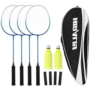 HIRALIY Badminton Schläger für Spiele im Freien, leichtes Federball 4er-Set für Kinder & Erwachsene & Anfänger, inklusive 4 Schläger, 12 Nylon-Federbälle, 4 Ersatz-Griffbänder, 1 Tragetasche