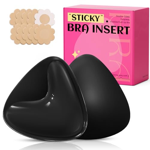 Image of Double Sided Sticky Bra Inserts, Invisible Push Up Sticky Bra Pads for Large Breasts, Stick on Bra for Bikini Swimsuits (Medium, Black)