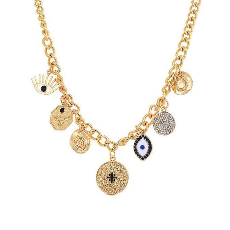 Charm Necklace for Women Chunky Plated Necklace Evil Eye Sun Pendant Statement Rhinestone Chain2