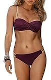 CheChury Damen Bikini Push Up Badeanzug Zweiteilige Damen Bandeau Bikini Set Spaghettiträger Sexy Bikinihose Niedriger Taille Tanga Bademode Strandmode,Wein,M