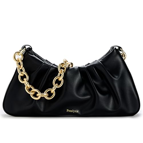 Preelyxir Small Leather Dumpling Shoulder Bag for Women,Cute Hobo Purses and Handbags,Gold Chain Evening Clutch Purses(black) by Preelyxir - Used condition - CA$34.95