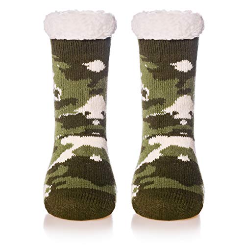 Kids Boys Girls Soft Slipper Socks Fleece Lined Fuzzy Children Winter Warm Non Skid Toddler Home Socks (Green Camouflage, 8-12 Years)