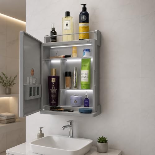 Image of BRANCO Bathroom Cabinet with Mirror | Storage Organiser | Strong Plastic Bathroom Shelves Wall Mounted | Mirror Cabinet (Metallic Grey)