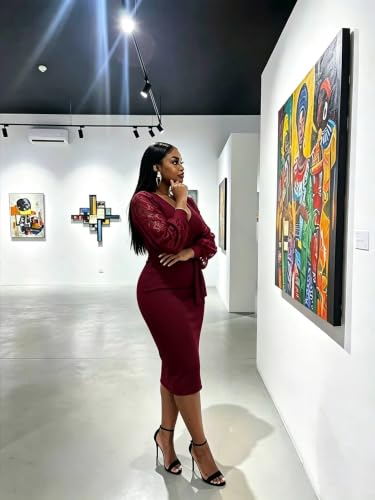 Image of BOGURST Semi Formal Church Dresses for Women Bishop Sleeve Sexy V Neck Bodycon Midi Dresses