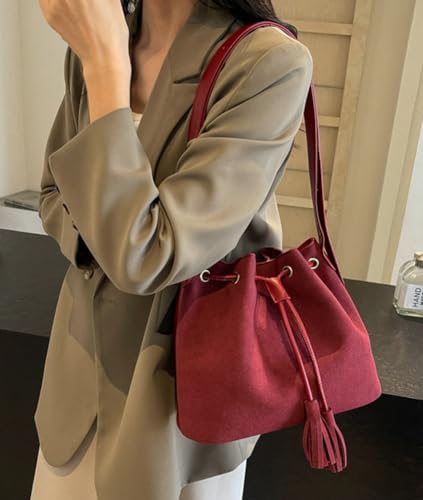 Vegan Leather Retro Bucket Bags Purses Hobo and PU Shoulder Handbags Drawstring with Adjustable Straps2