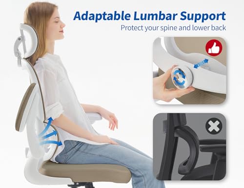Image of TRALT Ergonomic Office Chair - Desk Chair with Adjustable Headrest Lumbar Support Computer Chair - Mesh Comfy Chair with Flip-up Armrests - Gaming Chairs for Adults Home Office (PU Leather,Khaki)