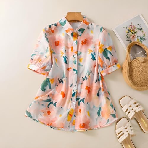 Image of Gufrina Women's Casual Button-Down Shirt with Multicolor Floral Print & Half Sleeves, Collar Neck