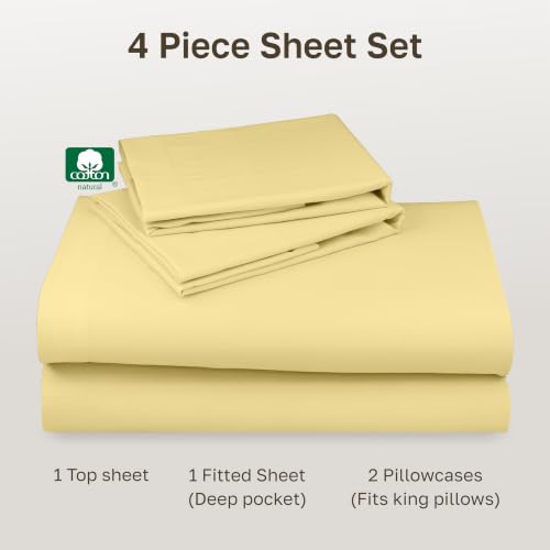 Image of California Design Den King Sheets Set - Natural 100% Cotton Sheets King Size with Deep Pockets, Soft Sateen Weave, Breathable and Durable Bedding Set (Butter)