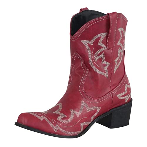 YIFUN Women Cowboy Western Boots Fashion New Non-slip Ankle Boots Pointed Retro Pull-on Martin Boots, Red, 8.5