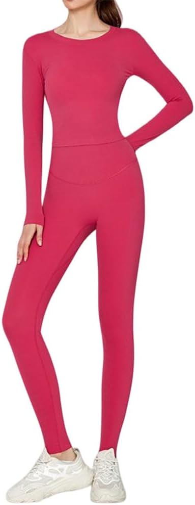 Women Workout Sets 2 Pieces Yoga Outfits Long Sleeve Workout Tops High Waist Leggings Gym Athletic Pants