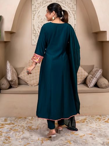 Image of VredeVogel Women's Silk Blend Embroidered Anarkali Kurta with Pant & Dupatta Set | Festive & Casual Women Ethnic Kurta Set for Women
