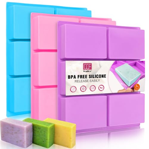 Image of Silicone Soap Molds Set of 3, 6 Cavities Rectangle Silicone Soap Molds for Homemade Craft Soap Mold, Cake Mold, Chocolate Mold & Ice Cube Tray(Blue & Purple & Pink)