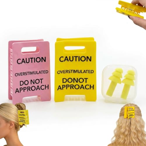 3Pcs Caution Overstimulated Hair Claw Clip Set Do Not Approach Sign Hairs Claws Hair Clips Funny Warning Hairs Clip (Pink Yellow) Funny Gag Gift for Women & Coworkers