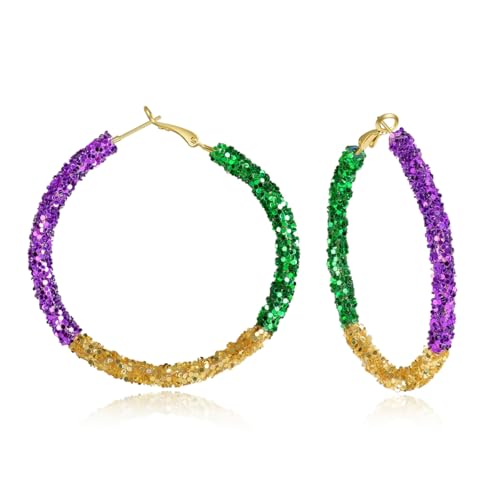 Mardi Gras Earrings for Women - Classy Purple Green Gold Hoop Jewelry Carnival Outfit Costume Jewelry Accessories Gifts (50mm)
