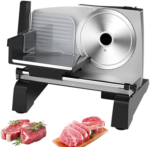 Electric Meat Slicer Machine, Adjustable Thickness 1-18mm, 19cm Stainless Steel Blade, Child Lock Feature, High Base 6cm, Ideal for Bread, Cheese, and Deli Meats.