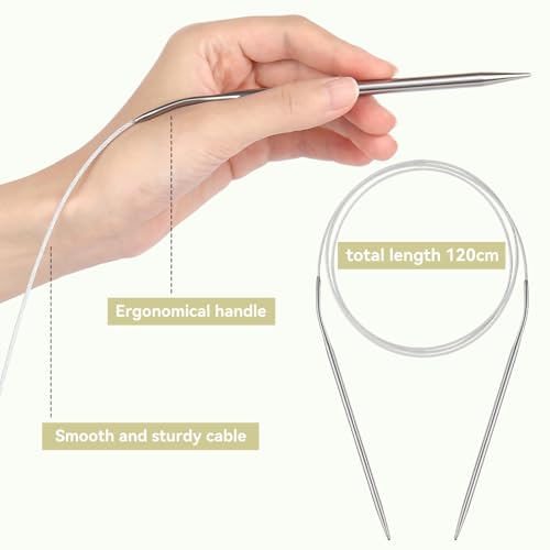 مجموعة ابر حياكة دائرية من ريسي، 9 قطع 2.0-6.0 ملم، ابر حياكة دائرية من الستانلس ستيل بطول 120 سم مع كيبل مرن للجابر او الشال او البطانية او الوشاح او المشاريع الكبيرة