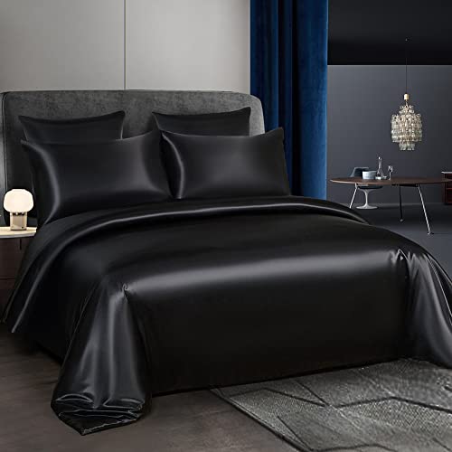 Nayoroom Black Satin Silk Duvet Cover Queen Size Luxury Solid Color Bedding Set 3 Pieces Summer Cooling Soft Smooth Silky Comforter Cover With Zipper Closure Corner Ties Gifts For Women Men #TOP1