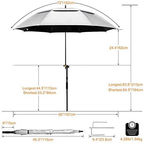 G4Free Xl Uv Golf/Beach Umbrella 72" Arc With Sand Anchor, Large Oversize Double Canopy Vented Windproof Tiltable Sun Shade Rain Umbrellas Plus Carrying Bag, Stakes, And Wind Ropes(Black/Silver) #TOP4