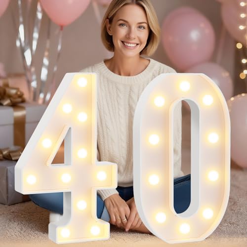 Image of Pooqla 40th Birthday Decorations for Women Men, Large 12.6 in Tall Light Up Numbers for Party Decorations Table Decor, Big Marquee Numbers 40th Birthday Gift for Women Men Wedding Anniversary Decor