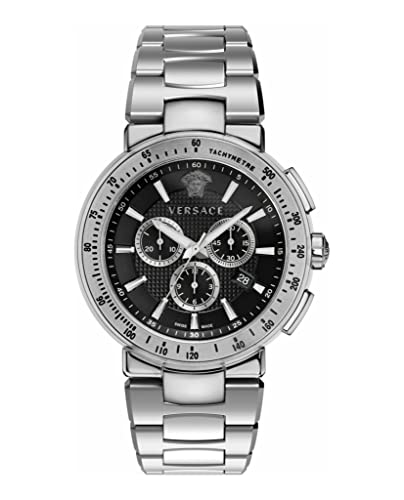 Versace Mystique Chrono Collection Luxury Mens Watch Timepieces with a Silver Bracelet Featuring a Stainless Steel Case and a Black Dial