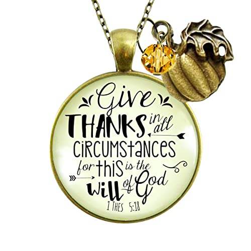 Pumpkin Necklace Give Thanks in All Circumstances - Bronze Autumn Season Jewelry, Handmade Faith Quote Round Glass Pendant - 24" Metal Link Chain, Fall Charm, Meaningful Message Card & Gift Box