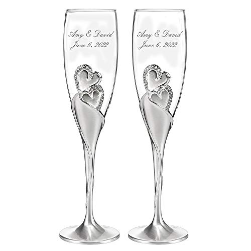 Personalized Wedding Toasting Flutes, Sparkling Love Design, Custom Engraved Champagne Flutes for Bride and Groom, Set of 2, Silver