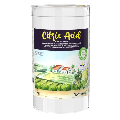Nortembio Zitronensäure 1 kg – 100% Reines Anhydrisches Konzentrat Zertifiziert – Vielseitige Haushaltsreinigung – Ohne Gentechnik – Mit...