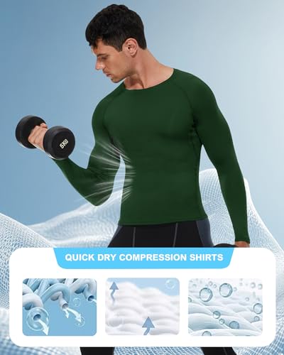 Yuerlian Dark Green Long Sleeve Compression Shirt for Men Running Top Quick Dry Sports Training Base Layer T-Shirt for Exercise Workout Fitness Golf - Image 5