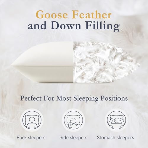 puredown® Goose Feather Down Pillows, 100% Organic Cotton Cover, Luxury Hotel Collection Bed Pillows for Sleeping Set of 2, Standard Size